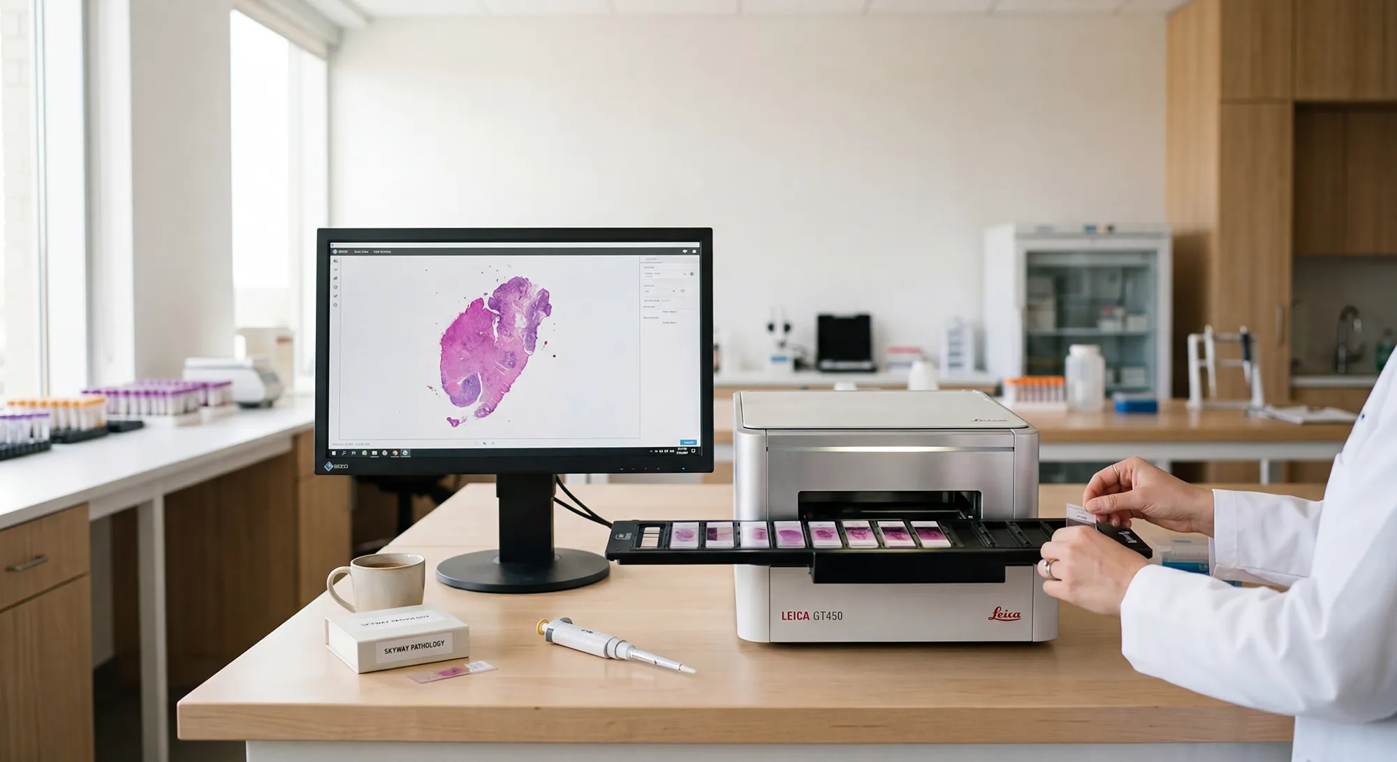 Digital dermatopathology workstation with scanned slides
